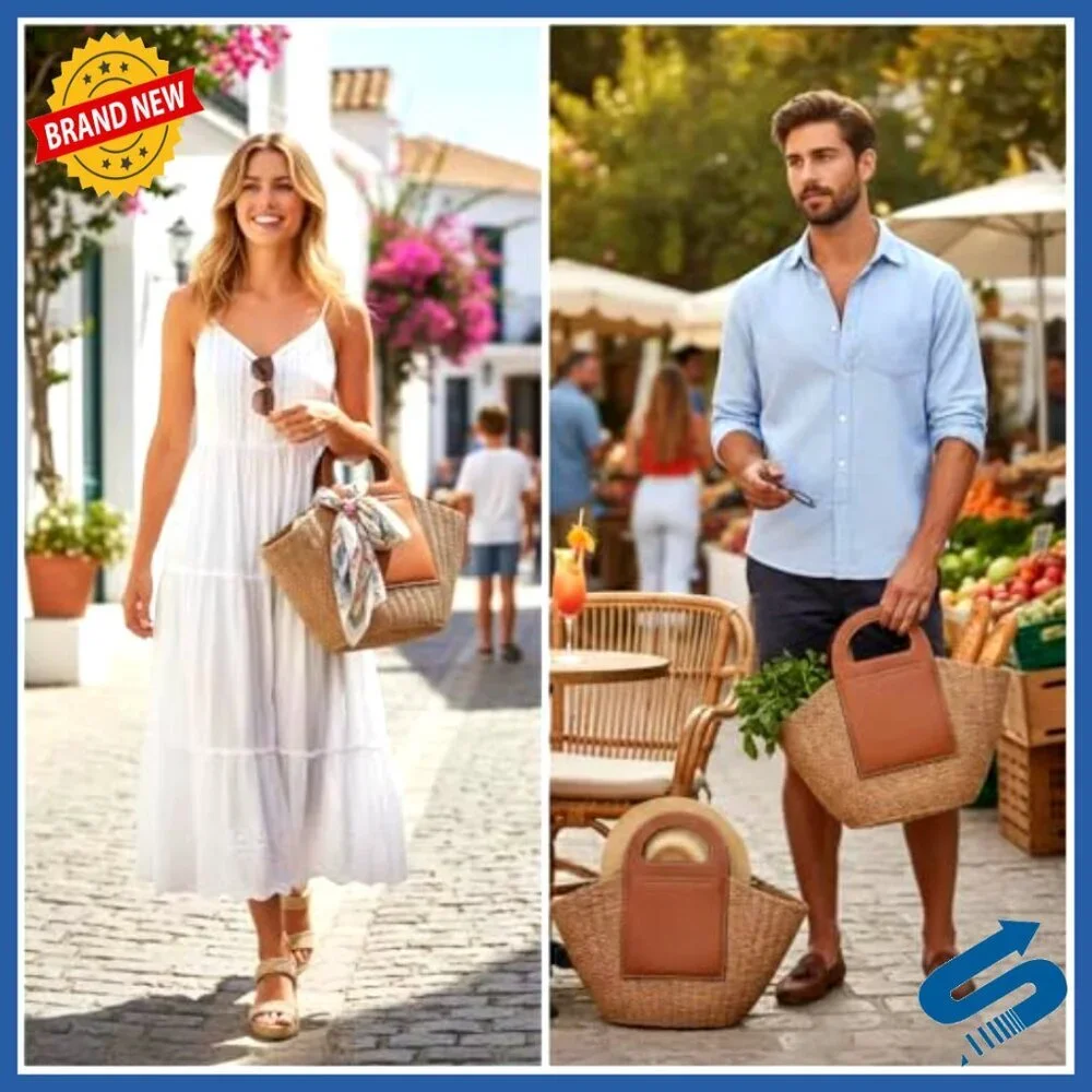 Handmade Straw Tote Bag Large Capacity Leather Stitching Boho Beach Travel Bag